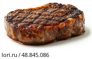 Perfectly Seared Ribeye Steak, Juicy Medium-Rare on White background. Идеально прожаренный стейк рибай, сочный стейк средней прожарки на белом фоне. Стоковое AI-изображение, AI-художник Katsiaryna Repich / Фотобанк Лори