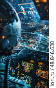 A close-up of a pilots hands on the controls of an aircraft, with a digital display showing a map and other flight data. Стоковое AI-изображение, AI-художник Данила Большаков / Фотобанк Лори