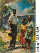A family gathers outside a rural home on a bright, sunny day. A man, a woman, and a child stand on the path in front of the home, with greenery and a glimpse of the sky in the background. Стоковое AI-изображение, AI-художник Данила Большаков / Фотобанк Лори