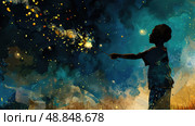 A silhouette of a young boy holding a sparkler under a night sky full of stars and fireflies. The scene is painted in a watercolor style. Стоковое AI-изображение, AI-художник Данила Большаков / Фотобанк Лори