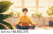 A young man with glasses sits cross-legged on a rug in front of a window, meditating in a sunlit room surrounded by potted plants. Стоковое AI-изображение, AI-художник Данила Большаков / Фотобанк Лори