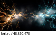 Electromagnetic field visualization, neon colors and flowing current lines. Chaotic lightning grid pattern, bright electric energy on dark tech grid. Energy wave color gradient, abstract electric particles in motion. Стоковое AI-изображение, AI-художник ALLA YURTAYEVA / Фотобанк Лори