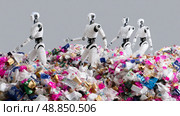 Robots walking on a colorful mound of plastic waste in a creative reimagining of recycling efforts. Стоковое AI-изображение, AI-художник Сергей Толмачёв / Фотобанк Лори