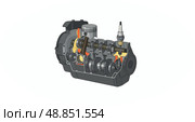Detailed diagram of an internal combustion engine highlighting key components and their functions. Стоковое AI-изображение, AI-художник Александр Калинин / Фотобанк Лори