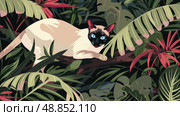A Siamese cat with striking blue eyes peeks out from behind vibrant green and pink tropical foliage. Стоковое AI-изображение, AI-художник Данила Большаков / Фотобанк Лори