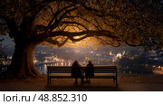 A homeless couple huddled together on a park bench under a large tree, sharing a warm drink, looking at the city lights in the distance. Стоковое AI-изображение, AI-художник ALLA YURTAYEVA / Фотобанк Лори