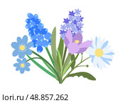Flat Simple Bouquet of Flowers: Chamomile, Hyacinthy, Muscari, Crocus, Hepatica. Spring Flowers Bloom Element. Sticker, Print for Easter Spring Holidays, Banners, Posters, Cards, Web. Folk Style. Редакционная иллюстрация, иллюстратор Tosunyan Lusine / Фотобанк Лори