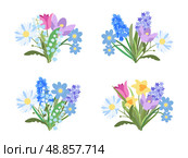 Spring Flowers Bouquet Set in Flat Style on white Background. Simple Design Bouquet of Crocus, Chamomile, Daisy, Lilies of the valley, Hyacinth, Narcissus, Tulip, Hepatica, Muscari. Botanical Design. Редакционная иллюстрация, иллюстратор Tosunyan Lusine / Фотобанк Лори