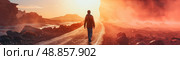 A single person walks along a path towards a breathtaking sunset in a rugged Icelandic landscape. Стоковое AI-изображение, AI-художник Данила Большаков / Фотобанк Лори