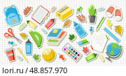 Collection Modern Stickers Supplies for kids on Squared noteb. Set trendy school elements. Cartoon education stickers. Back to School Icons, Book, Pencil, Backpack, Globe, Ruler, Scissors, Sneakers. Редакционная иллюстрация, иллюстратор Tosunyan Lusine / Фотобанк Лори
