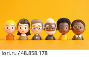 Six cartoon figures of different ethnicities and ages, all smiling, stand in a row against a yellow background. Стоковое AI-изображение, AI-художник Данила Большаков / Фотобанк Лори