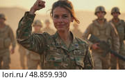 A woman in a military uniform stands tall, her right arm is raised in a fist pump after a successful mission. The background filled with tired but Happy colleagues in the military. Стоковое AI-видео, аниматор Sergey Grishin / Фотобанк Лори