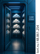 Modern server room with cloud symbols on racks, concept of cloud storage, data security, technology rental, innovative computing, digital information. Стоковое AI-изображение, AI-художник Павел Муравьев / Фотобанк Лори