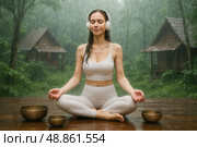 Woman meditating outdoors in heavy rain, headphones on, white outfit, wooden platform, singing bowls, forest cabins, practicing mindfulness, healthy relaxation, mental balance. Стоковое AI-изображение, AI-художник Павел Муравьев / Фотобанк Лори