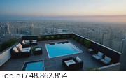 A high-rise apartment building with a rooftop terrace, offering panoramic views of the city skyline and modern living among downtown. Стоковое AI-видео, аниматор Sergey Grishin / Фотобанк Лори