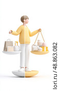 Conceptual balance: minimalist human balancing consumer goods and luxury items. Стоковое AI-изображение, AI-художник Мария Фадеева / Фотобанк Лори