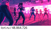 A group of women exercise in a brightly lit fitness studio. They are wearing workout clothes and are moving in a synchronized manner. Стоковое AI-изображение, AI-художник Данила Большаков / Фотобанк Лори