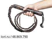 male hand holding brown leather whip isolated on white background. Стоковое фото, агентство Ingram Publishing / Фотобанк Лори