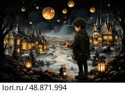 Illuminating Serenity: young boy stands captivated in front of a mesmerizing night scene adorned with a myriad of lanterns, evoking a sense of serenity and enchantment. Стоковое AI-изображение, AI-художник Данила Большаков / Фотобанк Лори