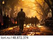 The Majestic March: A Uniformed Man Strides Through the Enchanted Streets. Стоковое AI-изображение, AI-художник Данила Большаков / Фотобанк Лори