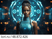 Galactic Enigma: A Futuristic Vision of a Woman in a Sci-themed Dress. Стоковое AI-изображение, AI-художник Данила Большаков / Фотобанк Лори