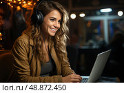 Harmonious Melodies: happy woman contentedly wears headphones while engrossed in her laptop, entranced by the harmonious blend of music and productivity. Стоковое AI-изображение, AI-художник Данила Большаков / Фотобанк Лори