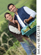 Farmer couple in field with basket of grapes. Стоковое фото, агентство Ingram Publishing / Фотобанк Лори
