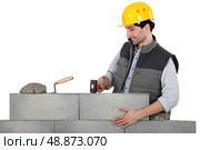 Mason mounting a brick wall. Стоковое фото, агентство Ingram Publishing / Фотобанк Лори