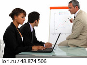 Business team discussing a flipchart. Стоковое фото, агентство Ingram Publishing / Фотобанк Лори