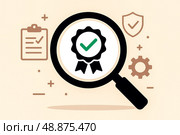 Magnifying glass checking quality assurance badge with green tick, flat style symbol for certification, standards and reliable inspection. Стоковая иллюстрация, иллюстратор Павел Муравьев / Фотобанк Лори