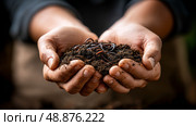 Woman holding worms with soil, closeup. Recycling of waste, zero waste production, preservation of the ecology of the Earth. Стоковое AI-изображение, AI-художник ALLA YURTAYEVA / Фотобанк Лори