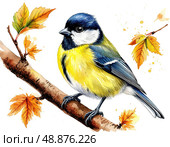 Titmouse. Watercolor illustration on white background. Стоковое AI-изображение, AI-художник Ирина Самойлова / Фотобанк Лори