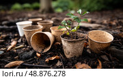 Compostable coffee cups breaking down in soil. Recycling of waste, zero waste production, preservation of the ecology of the Earth. Стоковое AI-изображение, AI-художник ALLA YURTAYEVA / Фотобанк Лори