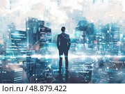 A silhouette of a businessman standing in front of a modern cityscape with network connections. The image represents the interconnectedness of business and technology in a globalized world. Стоковое AI-изображение, AI-художник Данила Большаков / Фотобанк Лори