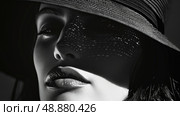 A black and white photo of a womans face, partially obscured by a hat, with light filtering through the brim and casting a pattern on her cheek. Стоковое AI-изображение, AI-художник Данила Большаков / Фотобанк Лори