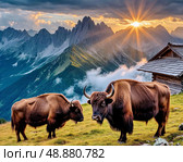 Yak (Cashmere, Mongolian, Tibetan bull) (lat. Bos mutus) is an even-toed ungulate mammal from the genus of true bovines of the Bovidae family. The yak's homeland is Tibet, where it is used as a pack and meat animal. Стоковое AI-изображение, AI-художник Сергей Елизарьев / Фотобанк Лори