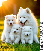 The Samoyed dog (Samoyed, Samoyed Spitz, Sammy) is one of the oldest dog breeds, which belongs to the primitive (aboriginal) breeds. It originates from the Far North of Eurasia. The corners of the mouth are slightly bent, forming a characteristic "Samoyed smile". Стоковое AI-изображение, AI-художник Сергей Елизарьев / Фотобанк Лори