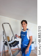 Female decorator with stepladder. Стоковое фото, агентство Ingram Publishing / Фотобанк Лори