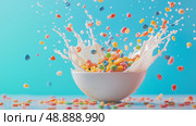 Colorful cereal splashes into a bowl of milk creating a fun breakfast moment. Разноцветные хлопья сыплются в миску с молоком, создавая забавный момент для завтрака. Стоковое AI-изображение, AI-художник Katsiaryna Repich / Фотобанк Лори