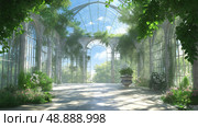 Lush greenery fills a sunlit conservatory with tropical plants and serene water features during a tranquil morning. Стоковое AI-изображение, AI-художник Михаил Коханчиков / Фотобанк Лори