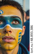 A close-up of a fan's face painted with intricate colors team designs, their eyes wide with anticipation as they watch the match on a giant sport stadium. Стоковое AI-видео, аниматор Sergey Grishin / Фотобанк Лори