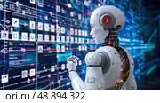 A white humanoid robot stands in front of a digital data network, its arm extended towards the screen. The robots internal wiring and circuitry are visible, giving it a futuristic and technological aesthetic. Стоковое AI-изображение, AI-художник Данила Большаков / Фотобанк Лори