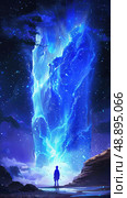 A single figure stands before a tall, glowing blue rock formation under a starry sky. The formation emits a bright blue light, illuminating the surrounding landscape. Стоковое AI-изображение, AI-художник Данила Большаков / Фотобанк Лори