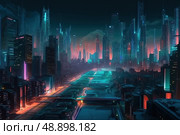 Luminescent Dreamscape: A Visionary City Awash in Neon Lights. Стоковое AI-изображение, AI-художник Данила Большаков / Фотобанк Лори