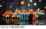 Joy Unveiled: A Vibrant Array of Exquisitely Wrapped Presents Adorn a Festive Table. Стоковое AI-изображение, AI-художник Данила Большаков / Фотобанк Лори