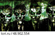 Four macabre zombie faces emerge with glowing green eyes, exuding a sense of horror against a dark backdrop. Стоковое AI-изображение, AI-художник Данила Большаков / Фотобанк Лори