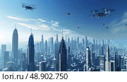 Futuristic Metropolis Concept: Aerial Surveillance Above a sprawling cityscape under a blue cloudy sky with unmanned aircraft vehicle. Стоковое AI-изображение, AI-художник Данила Большаков / Фотобанк Лори