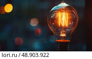 A light bulb illuminated and switched on, glowing brightly in a room. Стоковое AI-изображение, AI-художник Данила Большаков / Фотобанк Лори