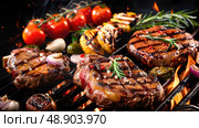 Juicy steaks and fresh vegetables sizzling on a hot grill during a backyard barbecue. Стоковое AI-изображение, AI-художник Данила Большаков / Фотобанк Лори
