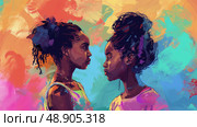 Painting of two African American women standing opposite each other, engaged in eye contact. Стоковое AI-изображение, AI-художник Данила Большаков / Фотобанк Лори